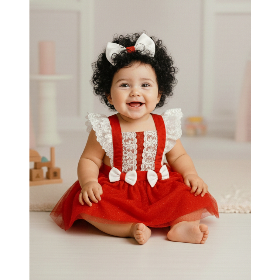 Roupa Blogueirinha Jardineira Romper Vestido Encantado Infantil Menina Bebê Festa Mamãe Noel
