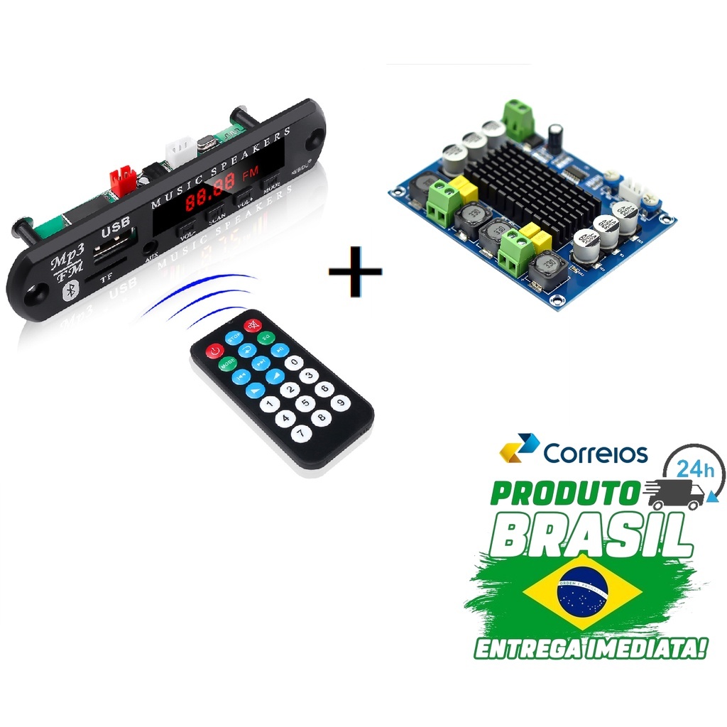 Kit Placa Decodificador + Placa Amplificadora Bluetooth Mp3 Fm Aux para Caixa de Som Ativa Radio com Controle 2*120