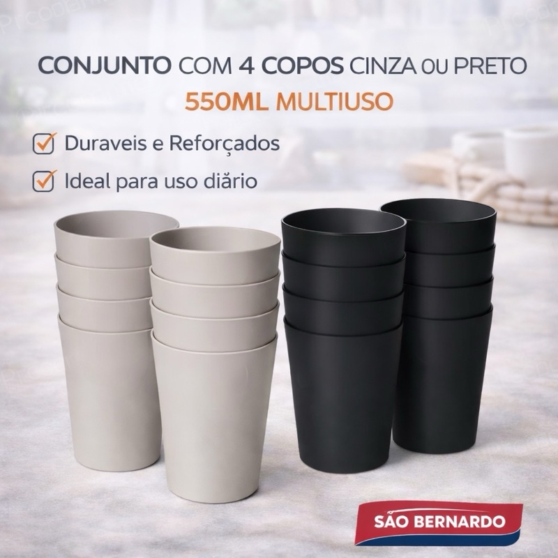 CONJUNTO COM 4 COPOS CINZA OU PRETO 550ML MULTIUSO SAO BERNARDO em Oferta na Shopee