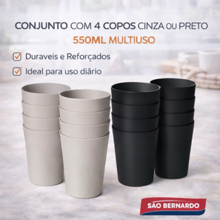 CONJUNTO COM 4 COPOS CINZA OU PRETO 550ML MULTIUSO SAO BERNARDO em Oferta na Shopee