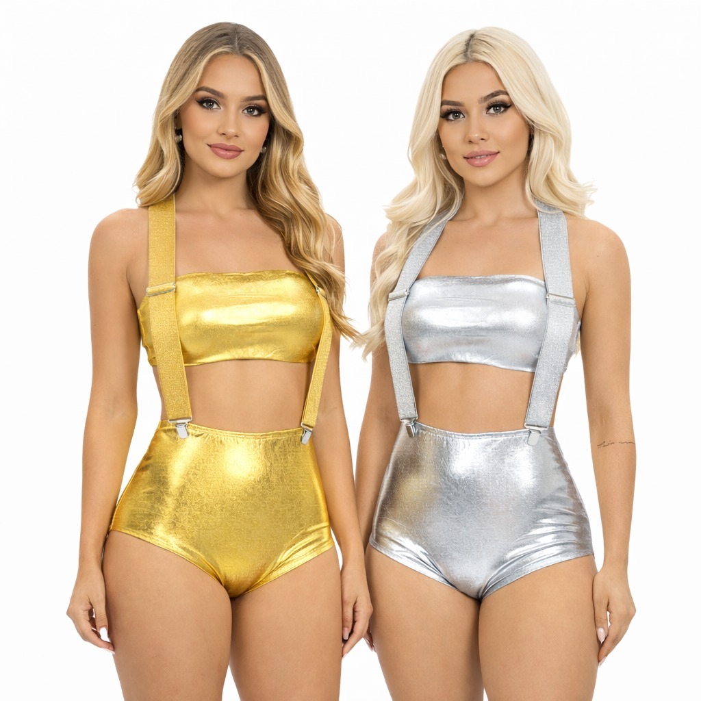 Fantasia Kit Hot Pants top shortinho Suspensório Prata Dourado Carnaval