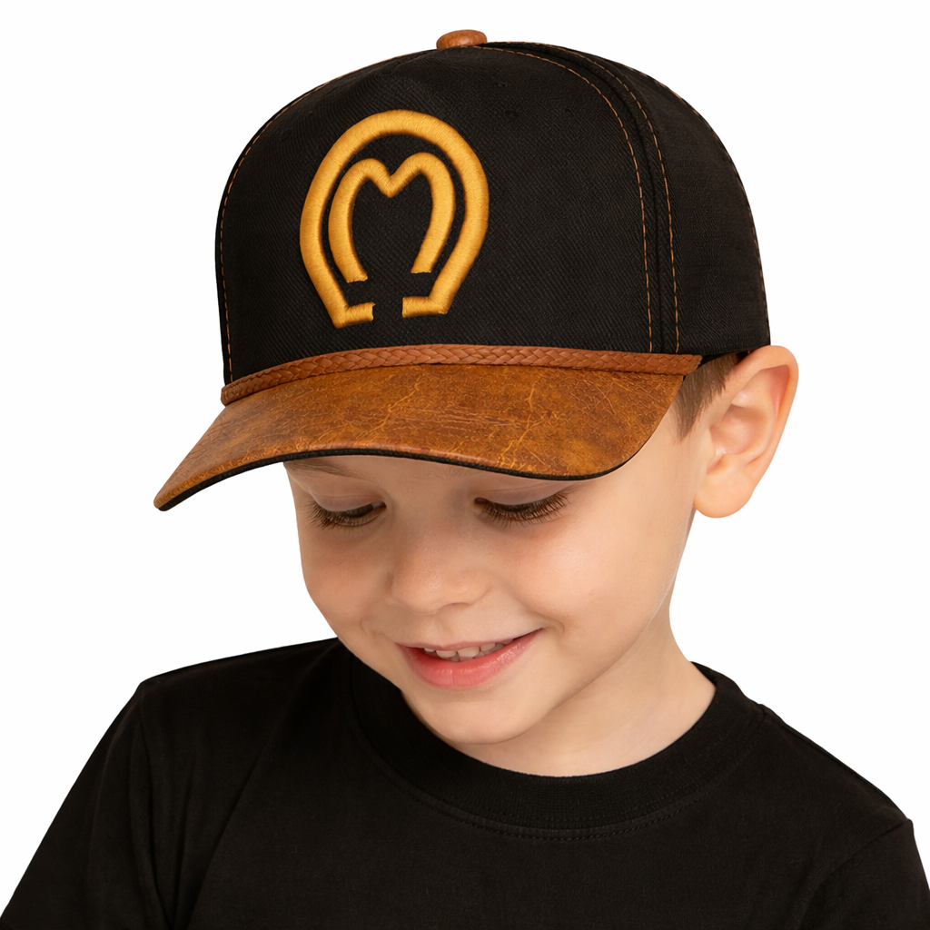 Boné Infantil Country Aba Curva em Couro Bordado Ajuste Snapback Menina Menino