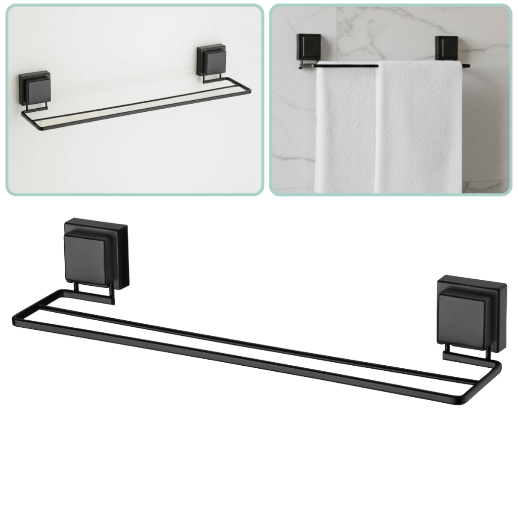 Porta Toalhas Duplo Toalheiro Parede Box 45cm Preto Fosco Ventosa Sem Furo em Oferta na Shopee