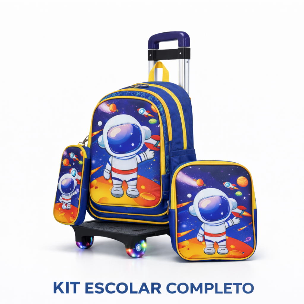 Kit Mochila Escolar Astronauta com Rodinhas LED Lancheira Térmica Estojo Completo