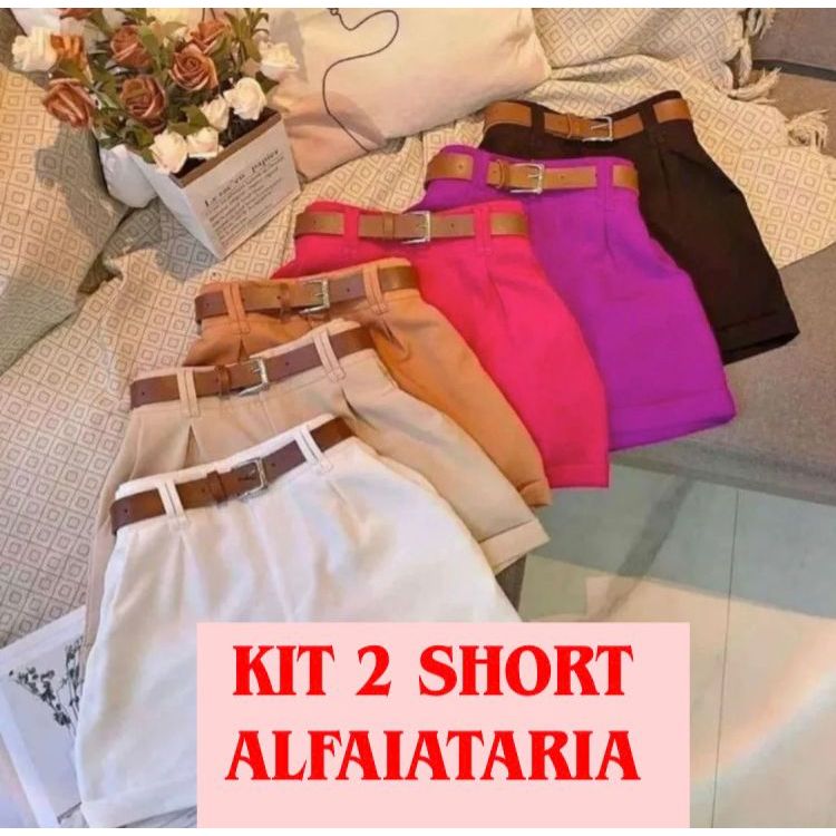 Kit 2 Shorts Alfaiataria Feminina Social Short Cintura Alta com Cinto Disfarça Barriga
