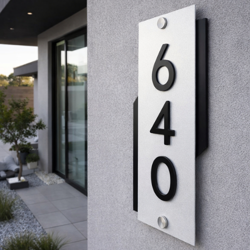 Placa residencial de alto padrão com números personalizados em ACM + prolongadores inox 50x25cm em Oferta na Shopee