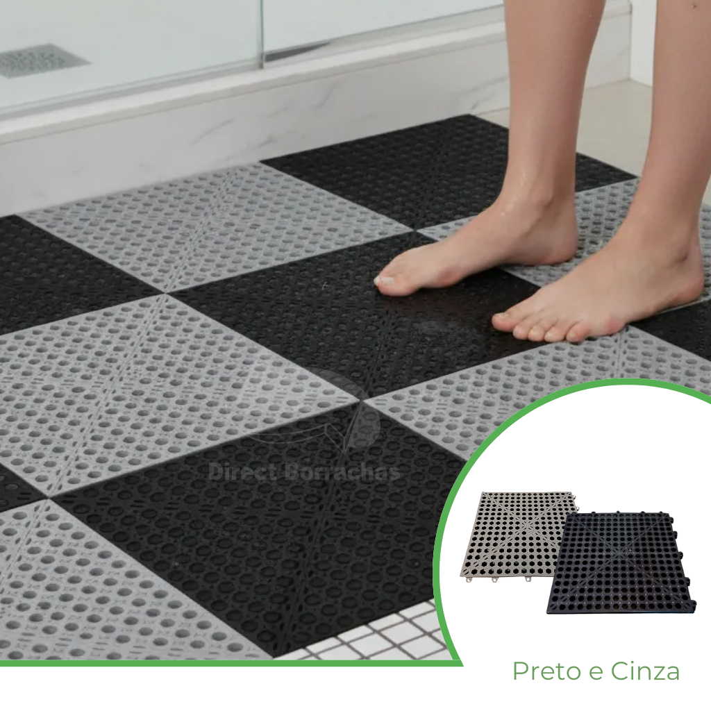 Kit 10 Tapete Modular para Box, Banheiro, Vestiários e Áreas Pet - Cinza e Preto Direct Borrachas