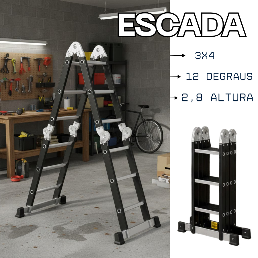 Escada Articulada de Alumínio 12 Níveis 2,8 Metros de Comprimento Multiuso 3x4