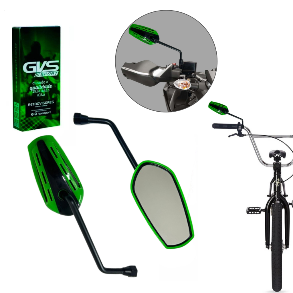 Retrovisor Original GVS GTX Verde Lente Plana Moto Par Ou Bike Com Adaptador