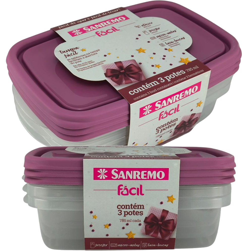 Kit Potes Plásticos Retangular Para Marmita - Freezer e Micro-ondas - 785 ml - BPA Free - Sanremo