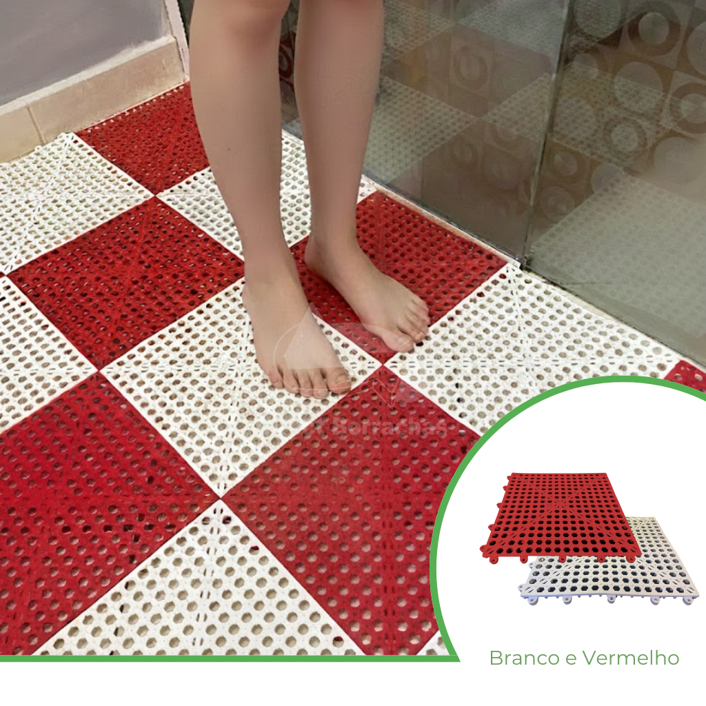 Kit 10 Tapete Modular para Box Banheiro, Vestiários e Áreas Pet - Vermelho e Branco Direct Borrachas
