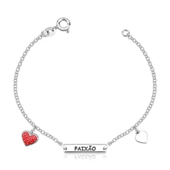 Pulseira Feminina de Prata 925 Plaquinha Paixão e Corações