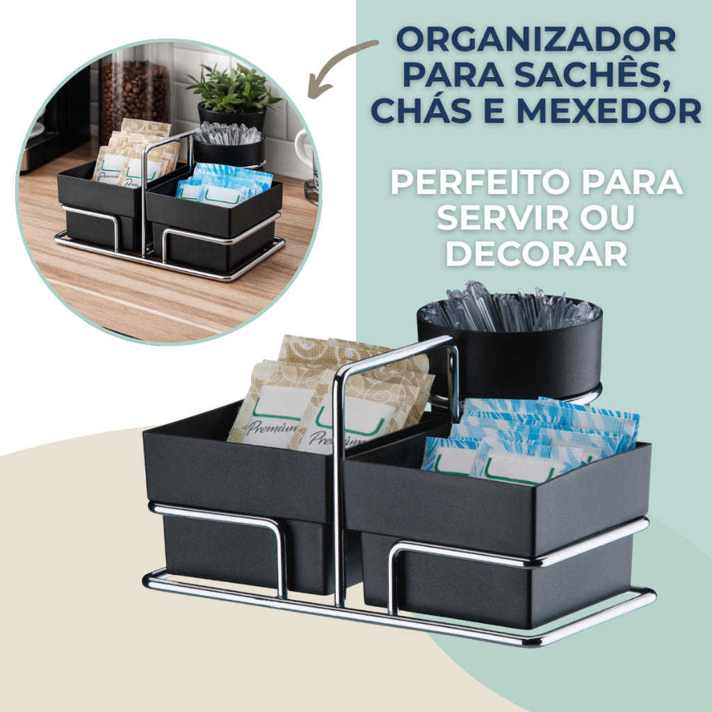 Organizador Para Saches De Açúcar Adoçante Mexedor Chá Café De Bancada Preto Cromado