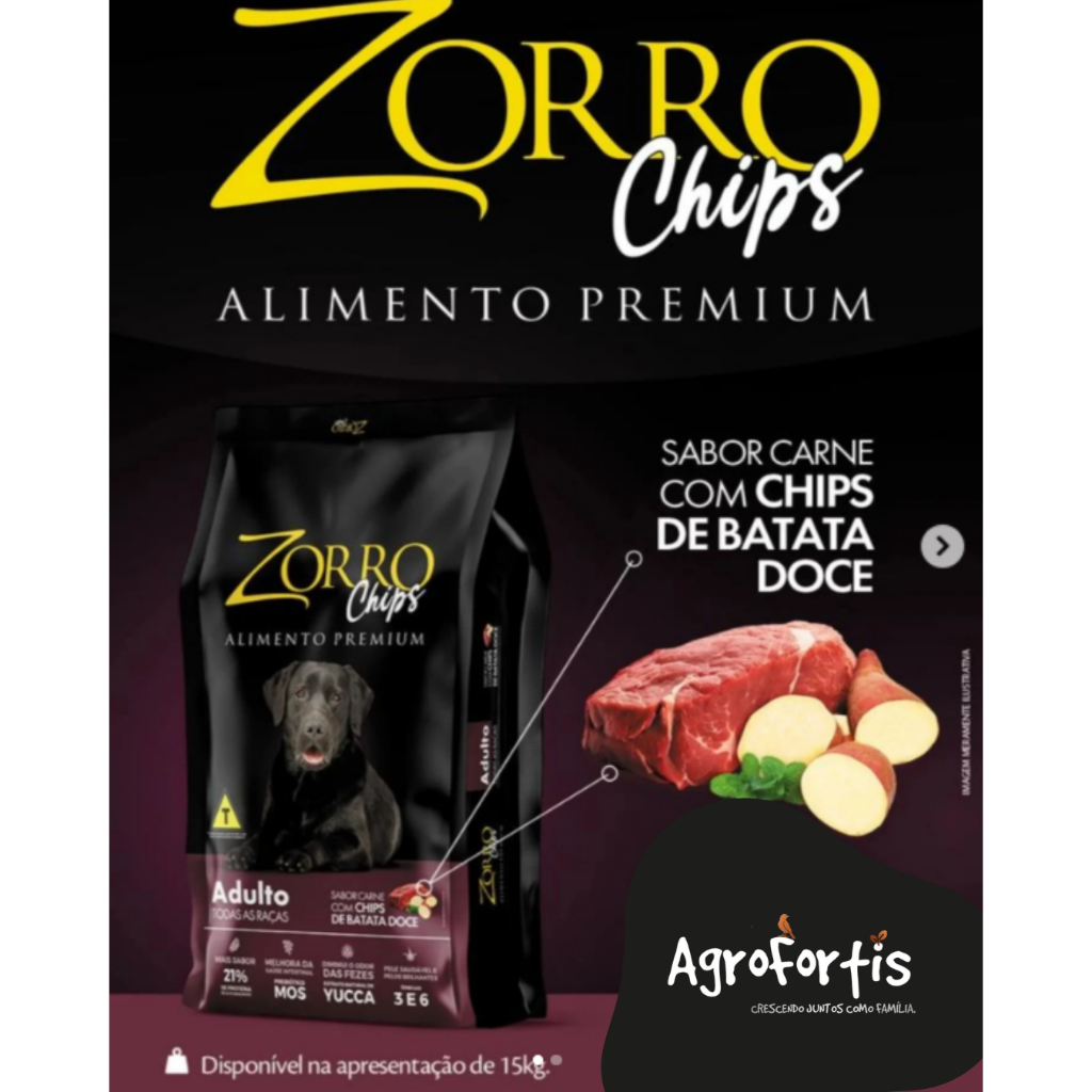 Ração Zorro Chips Premium Cão Adulto Todas as Raças - Carne e batata
