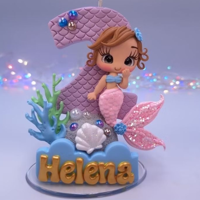 Vela topo de bolo sereia fundo do mar em biscuit personalizada, festa menina infantil de aniversário