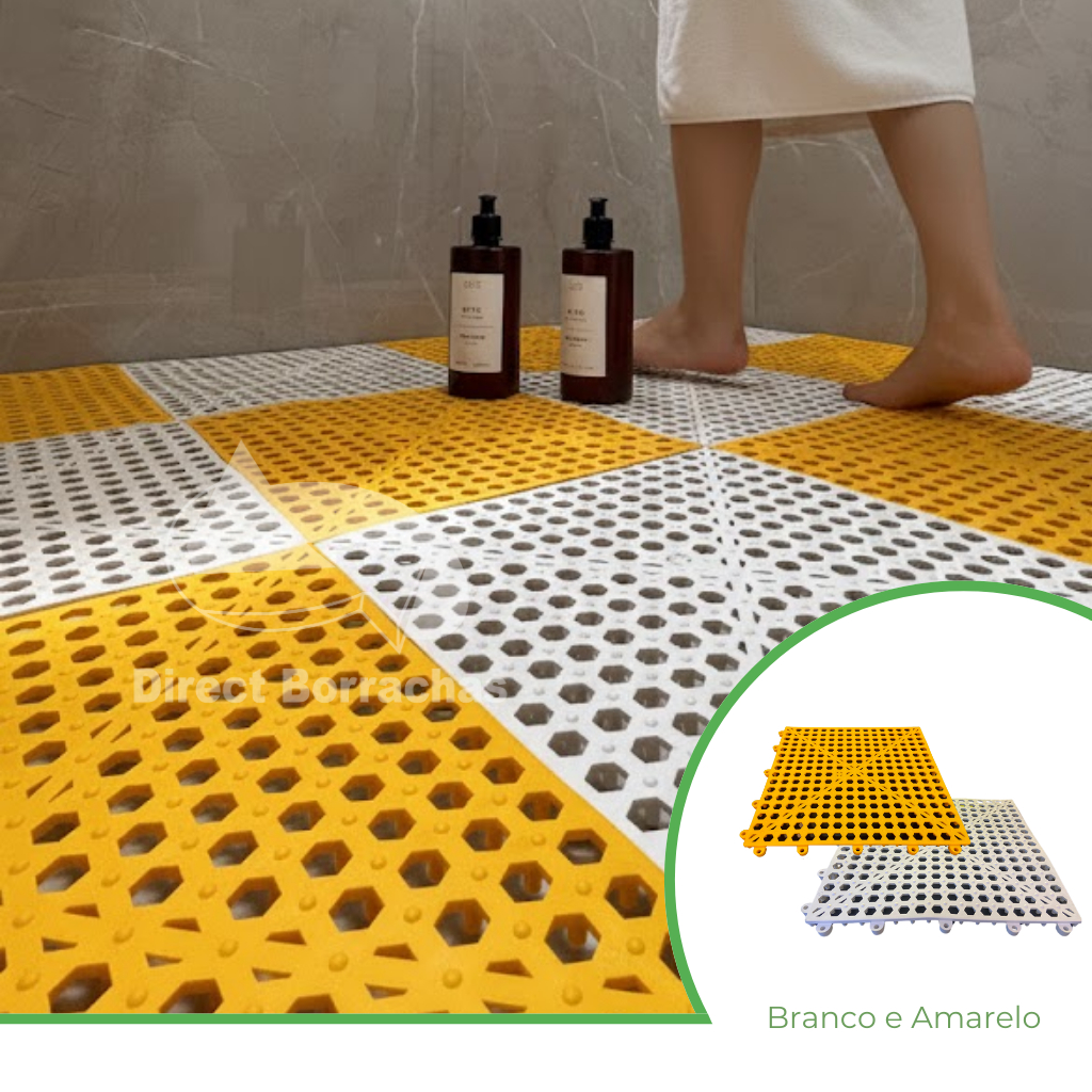 Kit 10 Tapete Modular para Box, Banheiro, Vestiários e Áreas Pet - Amarelo e Branco Direct Borrachas