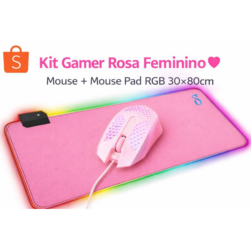 Kit Gamer Rosa Feminino 💗 Mouse + Mouse Pad RGB 30x80cm Antiderrapante Iluminado USB