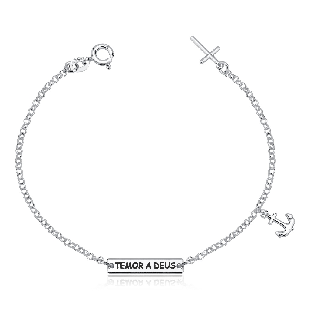 Pulseira placa temor a Deus cruz e âncora prata 925 em Oferta na Shopee