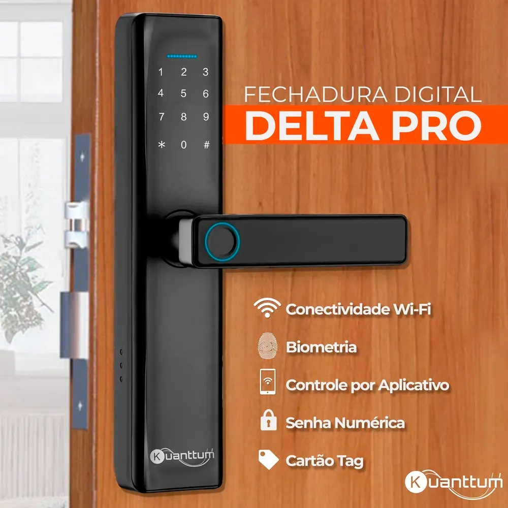 Fechadura Digital Porta Madeira Biométrica Eletronica Kuanttum Delta PRO