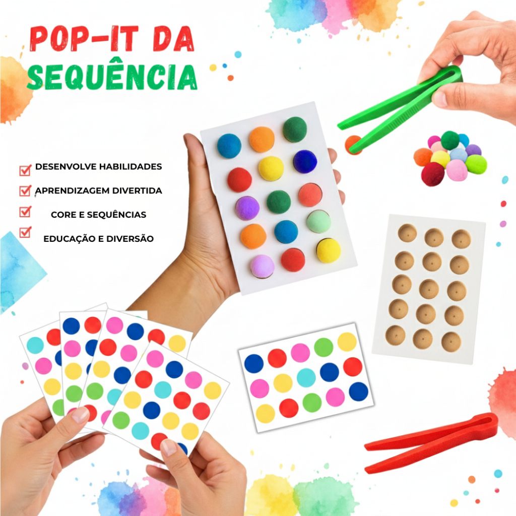 POP IT da Sequência Jogo Coordenação Motora Pinça Pompons Concentração Jogo Educativo Pedagogicos