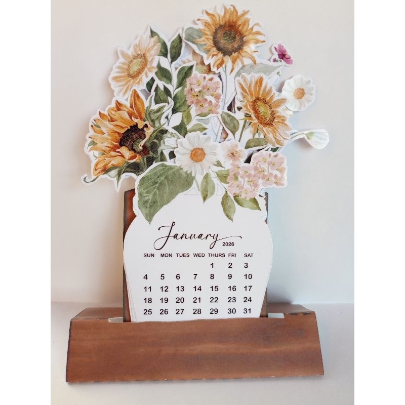 Calendário de mesa floral 2026 reposicionavel, vaso de lindos girassol, janeiro a dezembro com base, presente