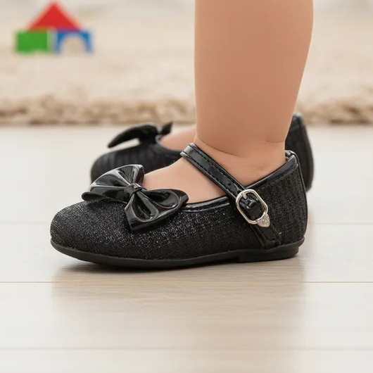 Sapatilha Neném Menina Preta Com Laço Confortável