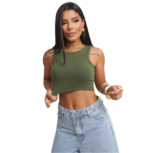 Cropped Feminino no Canelado Slim Básico com Forro Frontal Design Regata Simples Jussara