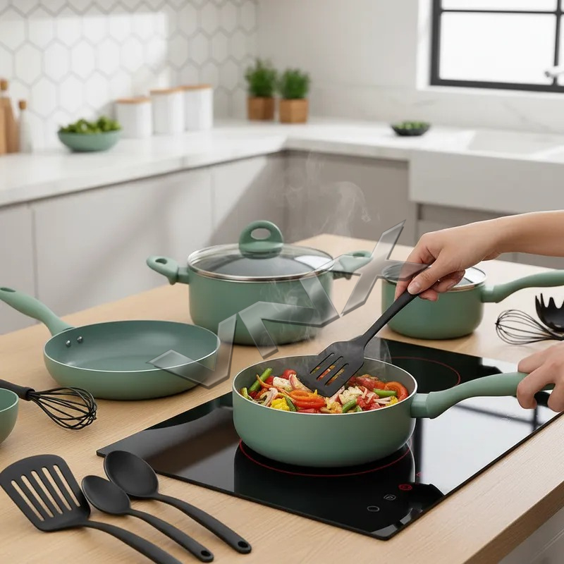 Imagem Jogo De Panelas 14 Peças Premium Indução e Gás Revestimento Cerâmico Verde-musgo