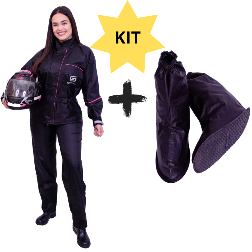 Kit Capa Roupa Conjunto Chuva Nylon Feminina Impermeável Moto Motoqueira + Polaina Galocha Bota Pvc