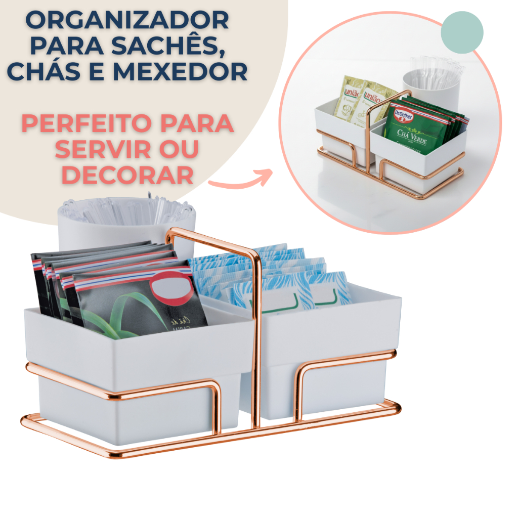 Organizador Para Saches De Açúcar Adoçante Mexedor Chá Café De Bancada Rose Gold em Oferta na Shopee
