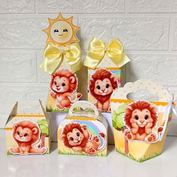 kit clássico de caixinhas personalizada para lembrancinhas de festa de aniversário, tema leaozinho, leia a descrição.