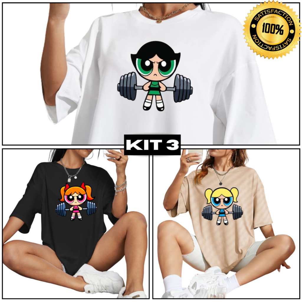 Kit 3 Camiseta Feminina de Academia Tshirt Super Poderosas Camisa 100% Algodão Blusa Roupa De Academia ENVIO IMEDIATO