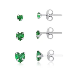 Kit Trio de Brincos Coração Verde-Esmeralda em Prata 925 | Aqua Joias