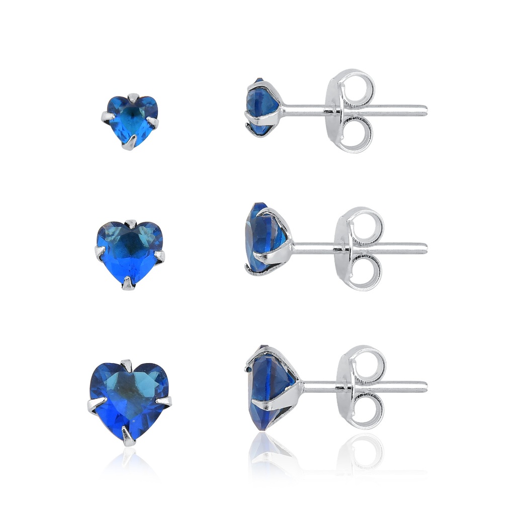 Kit Trio de Brincos Prata 925 Coração Azul Marinho