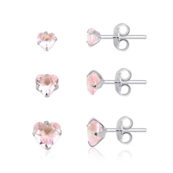 Trio de Brincos Prata 925 Coração Rosa