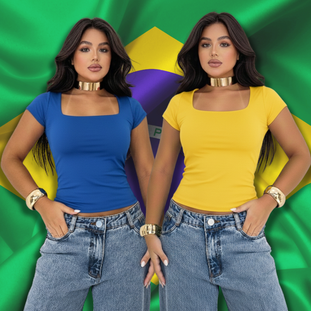 Kit 2 Blusinha Baby Tee Manga Curta Decote Quadrado Forro Duplo Copa Do Mundo Verão Brasil 2026