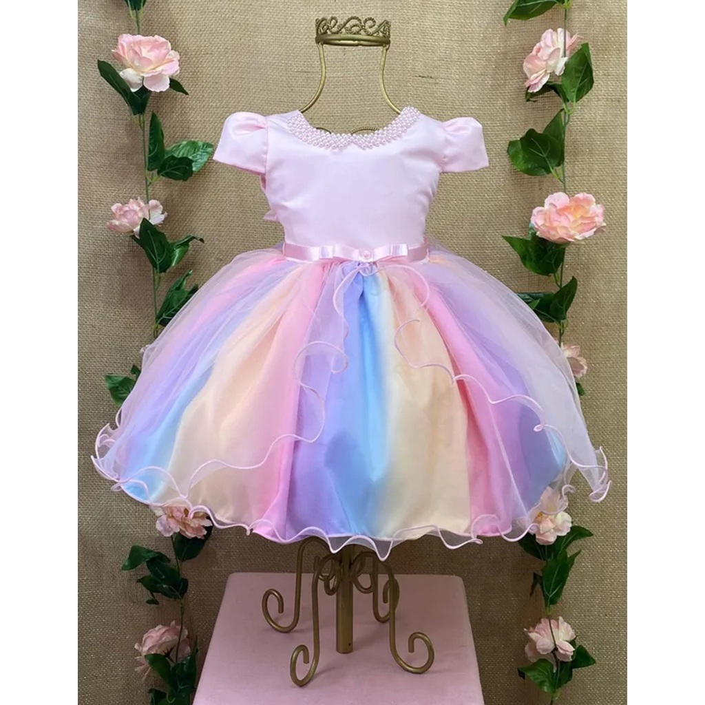 Detalhes do Vestido Infantil Princesa Unicórnio Arco-íris Rosa Gola Peróla P|M|G e 1|2|3