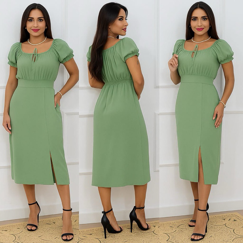 Vestido Feminino Midi DUNA de Manga com Lastex nas Costas Fenda Lateral em Oferta na Shopee