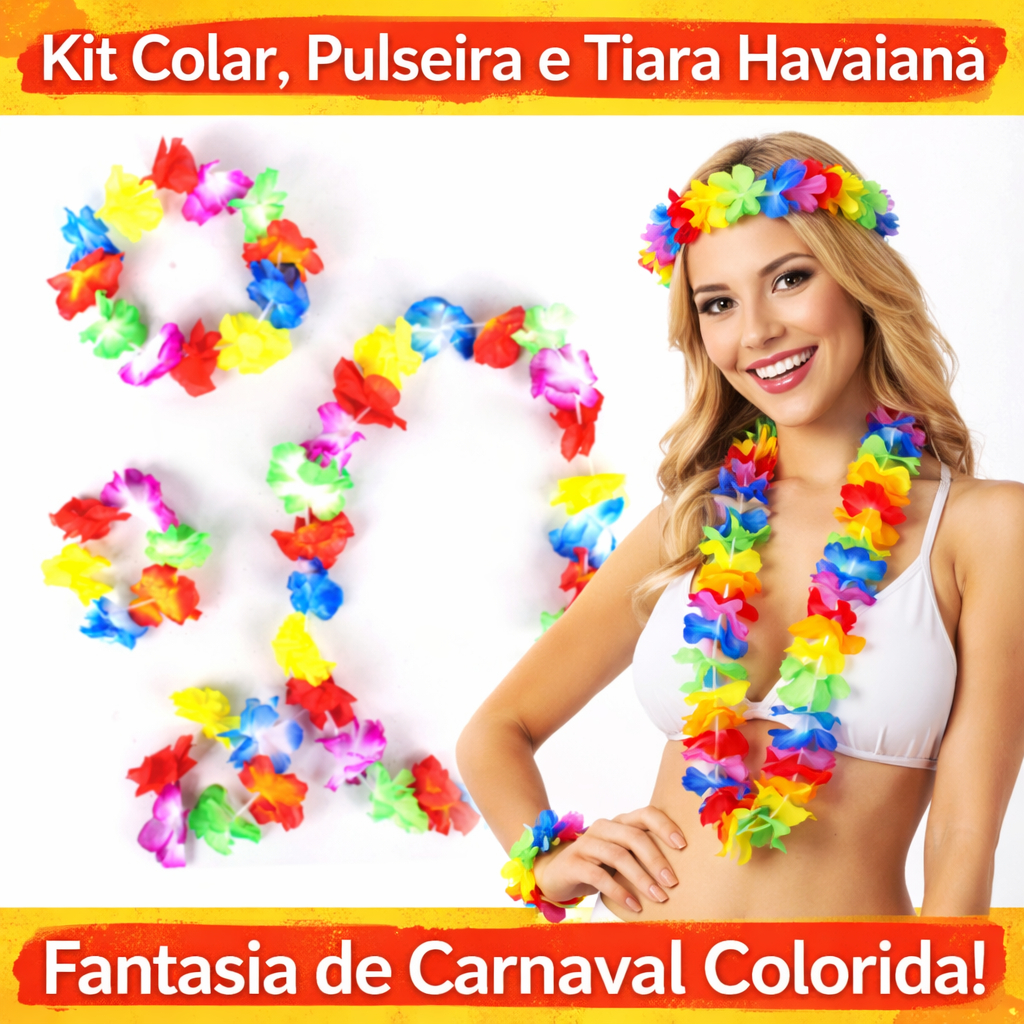 Kit Havaiano 3 Peças – Colar + Pulseira e Coroa | Carnaval Hula e Réveillon Festa Fantasia