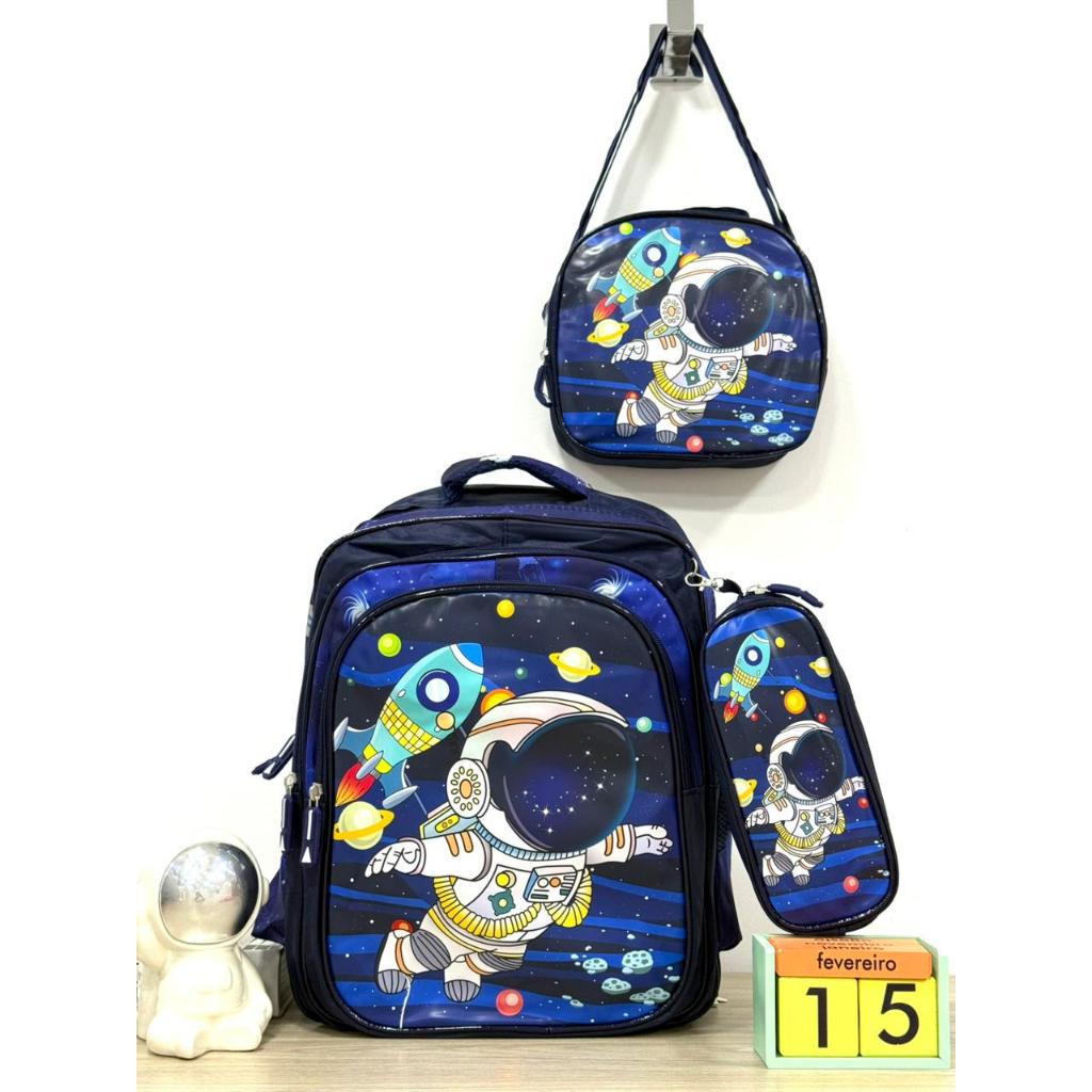 Kit Mochila Menina e Menino Escolar Infantil Bolsa Lancheira Estojo Estampas