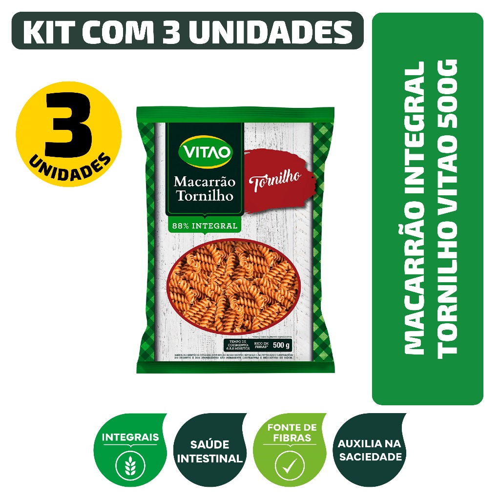 Kit Macarrão Integral Tornilho Vitao 500G - 3 Unidades em Oferta na Shopee