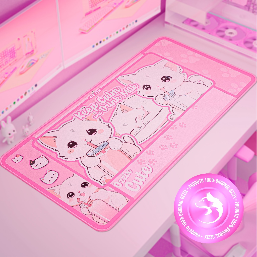 Mousepad Gamer Gatinhos 70x35 Rosa Fofinho Milktime Premium Estampa Alta Qualidade Original Ozzix Cute