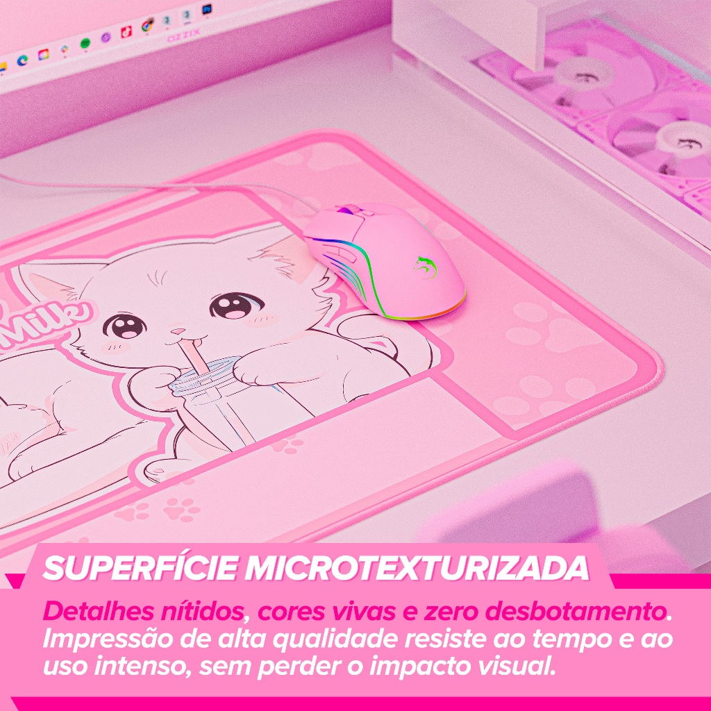 Mousepad Gamer Gatinhos 70x35 Rosa Fofinho Milktime Premium Estampa Alta Qualidade Original Ozzix Cute