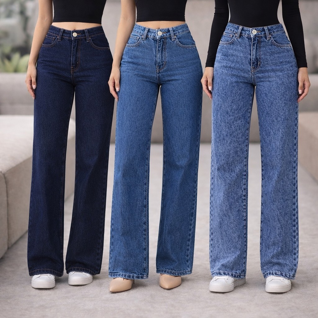 KIt 3 Calças Wide Leg Jeans Feminina Marmorizada Pantalona Boca larga Cintura Alta 100% Algodão Premium