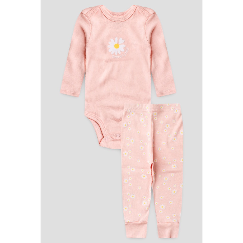 Conjunto Body Longo Rosa Bebê Margaridas
