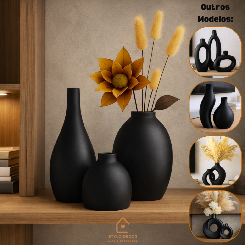 Trio de Vasos Decorativos em Cerâmica Fosca Minimalista 7 Modelos Modernos Sala de Estar Nude Preto em Oferta na Shopee