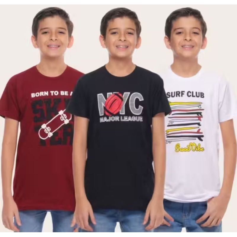 Kit 03 Camiseta Infantil Juvenil Menino Estampada Algodão Moda Infantil Estampas Variadas