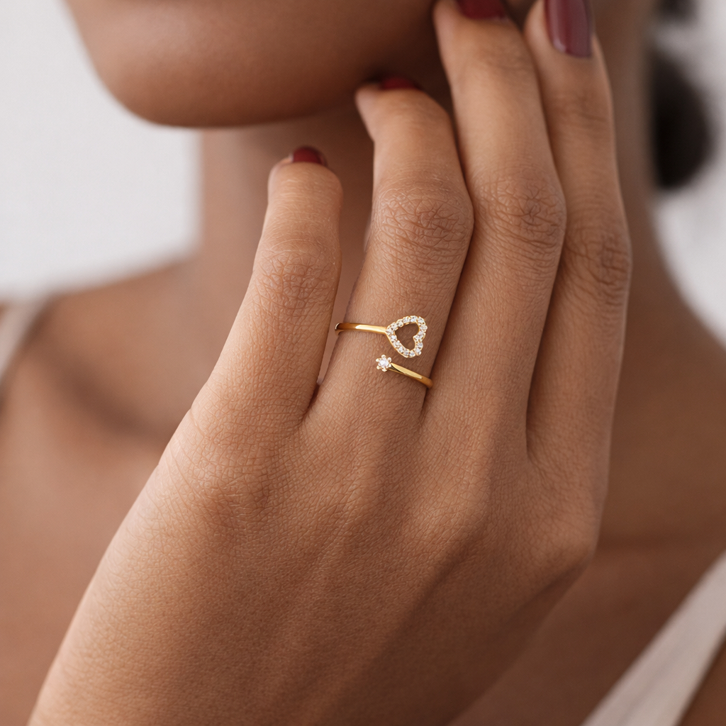 Anel Regulável Coração  com Micro Zircônias Dourado Feminino Garantia Banhado A Ouro 18k
