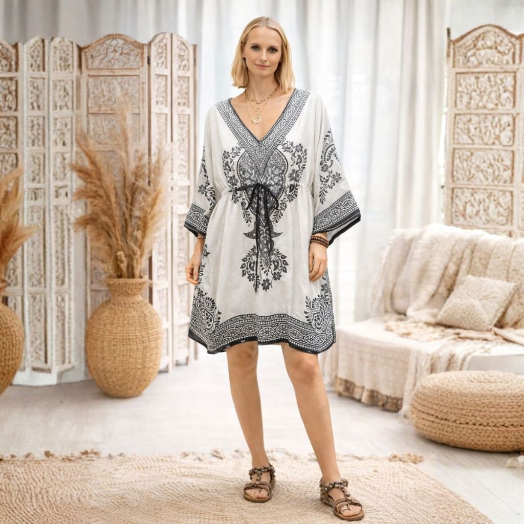 Vestido Curto Kaftan Feminino, Boho Índia, Fresco, Estampado Branco Detalhes em Preto, Fashion Verão