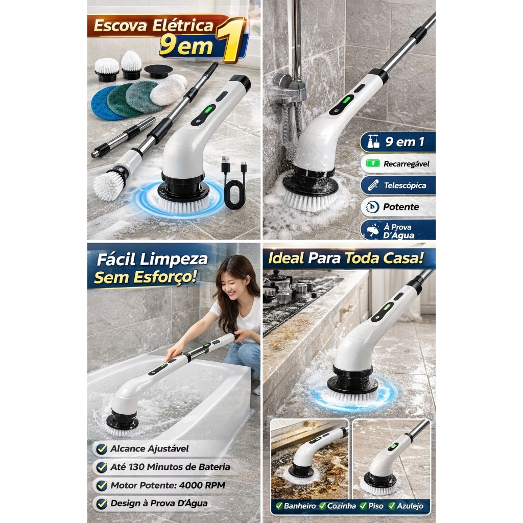 Escova Eletrica De Limpeza 9 in 1 Banheiro e Cozinha Ferramenta Recarregável ...